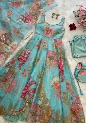 Blue Embroidery Silk Kurti Set