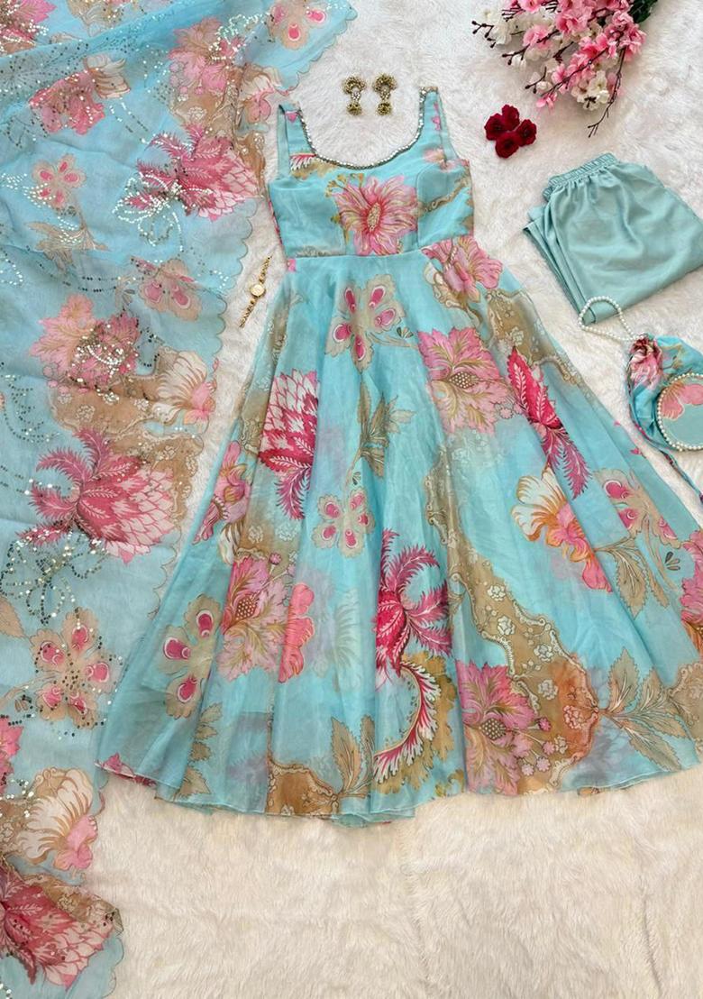 Blue Embroidery Silk Kurti Set - Indya