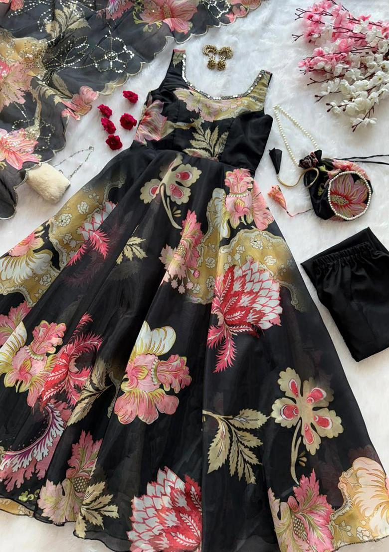 Black Embroidery Silk Kurti Set - Indya