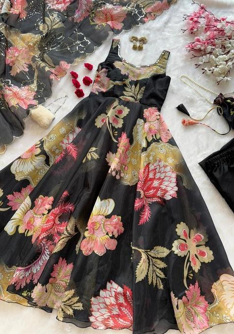 Black Embroidery Silk Kurti Set