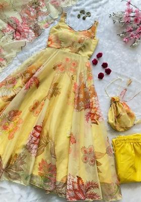 Yellow Embroidery Silk Kurti Set