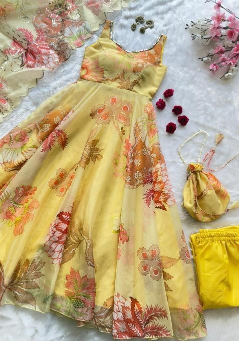 Yellow Embroidery Silk Kurti Set