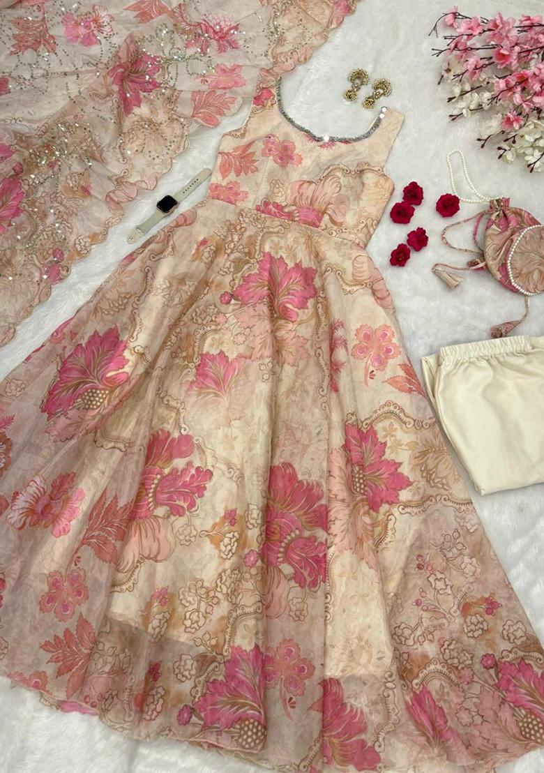 Beige Embroidery Silk Kurti Set - Indya