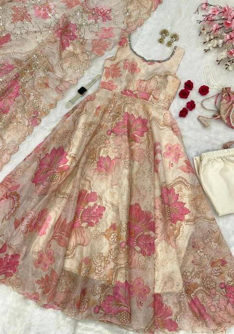 Beige Embroidery Silk Kurti Set