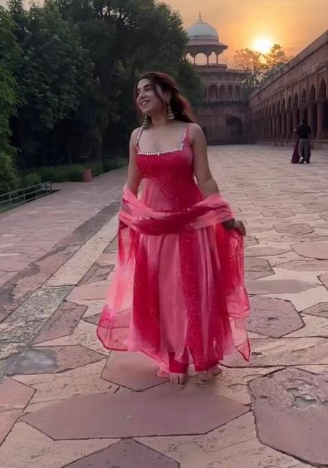 Pink Embroidery Georgette Kurti Set