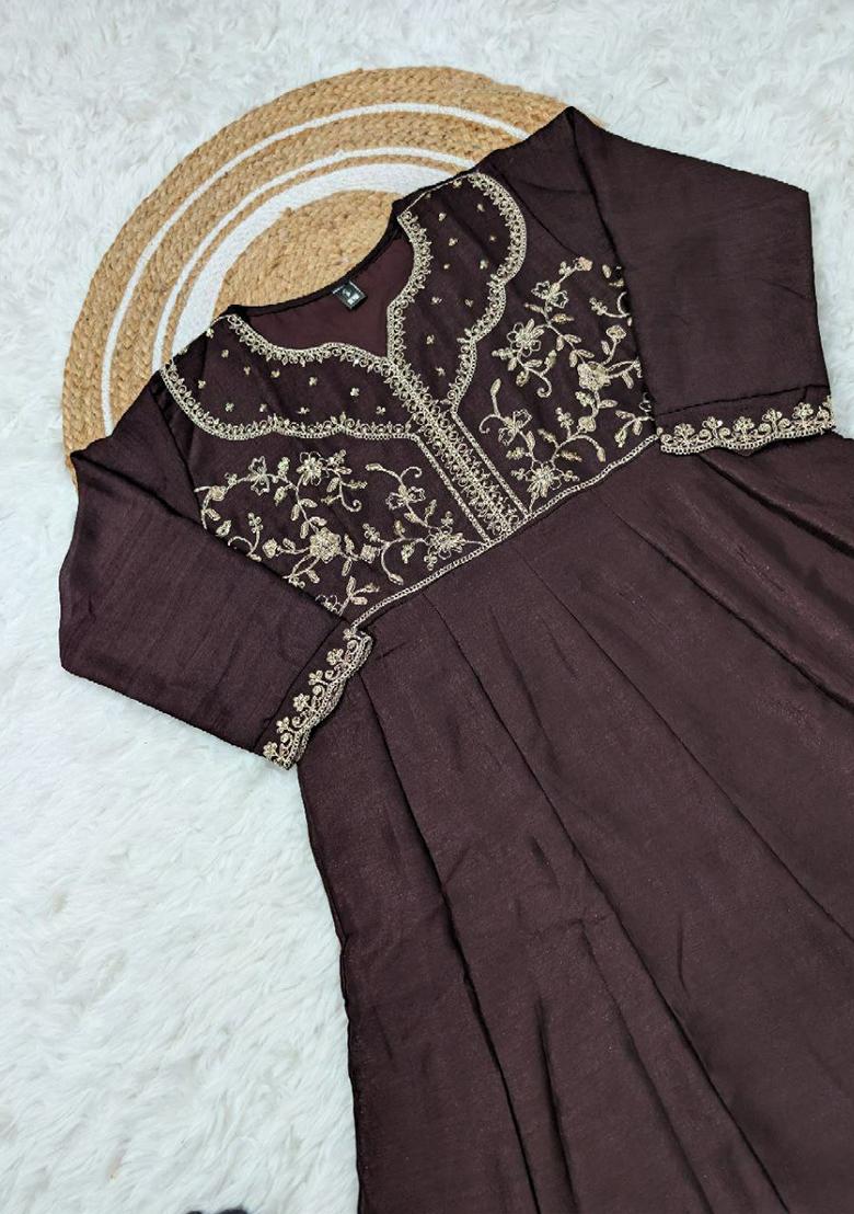 Brown Embroidery Silk Kurti Set - Indya