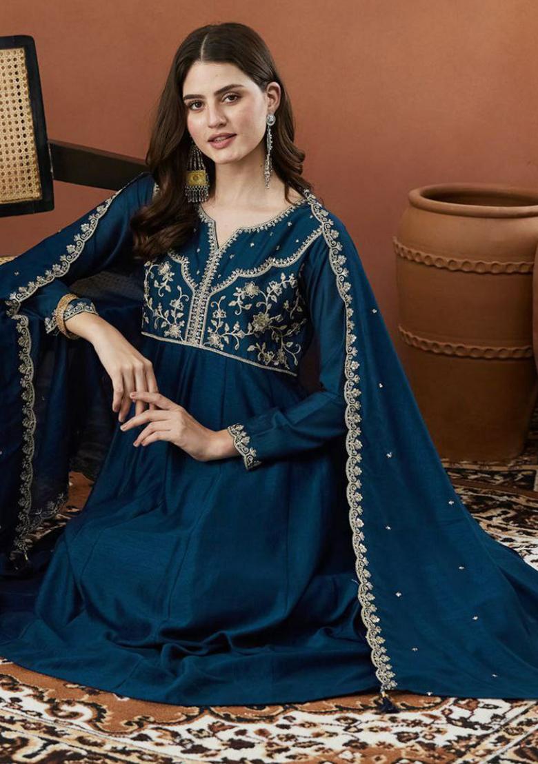 Blue Embroidery Silk Kurti Set - Indya