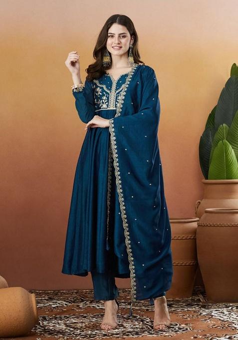 Blue Embroidery Silk Kurti Set