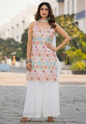 White Embroidery Chinon Kurti Set