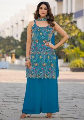 Blue Embroidery Chinon Kurti Set