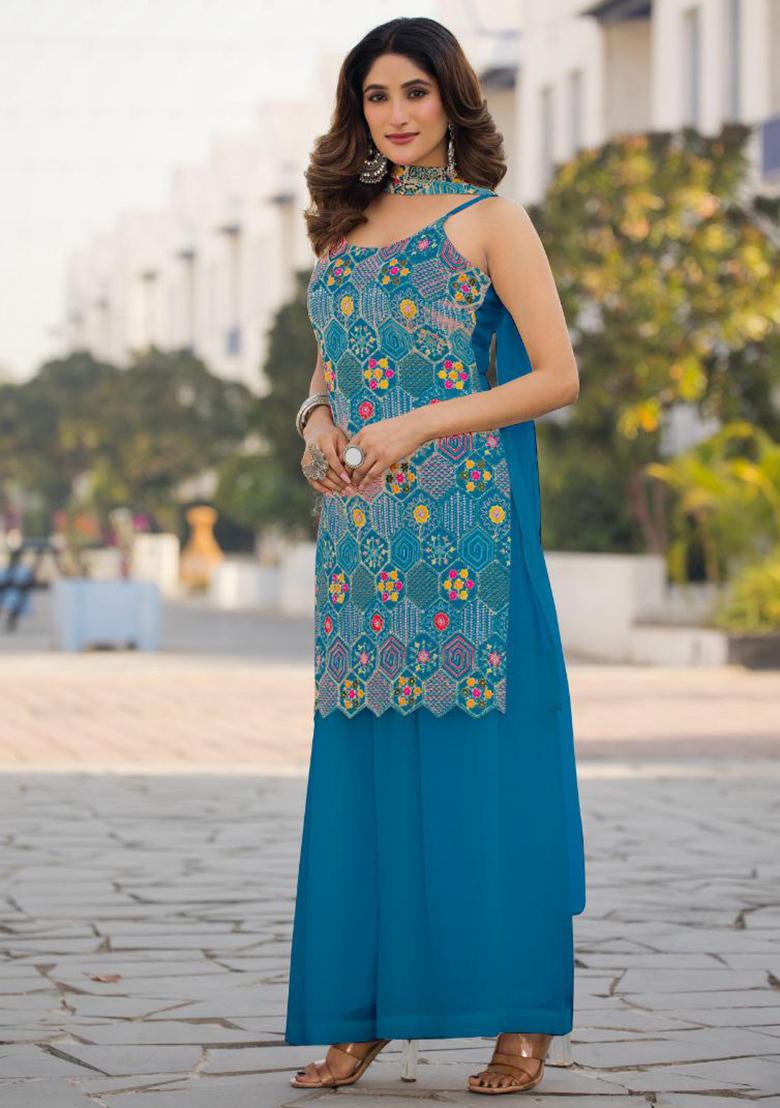 Blue Embroidery Chinon Kurti Set - Indya