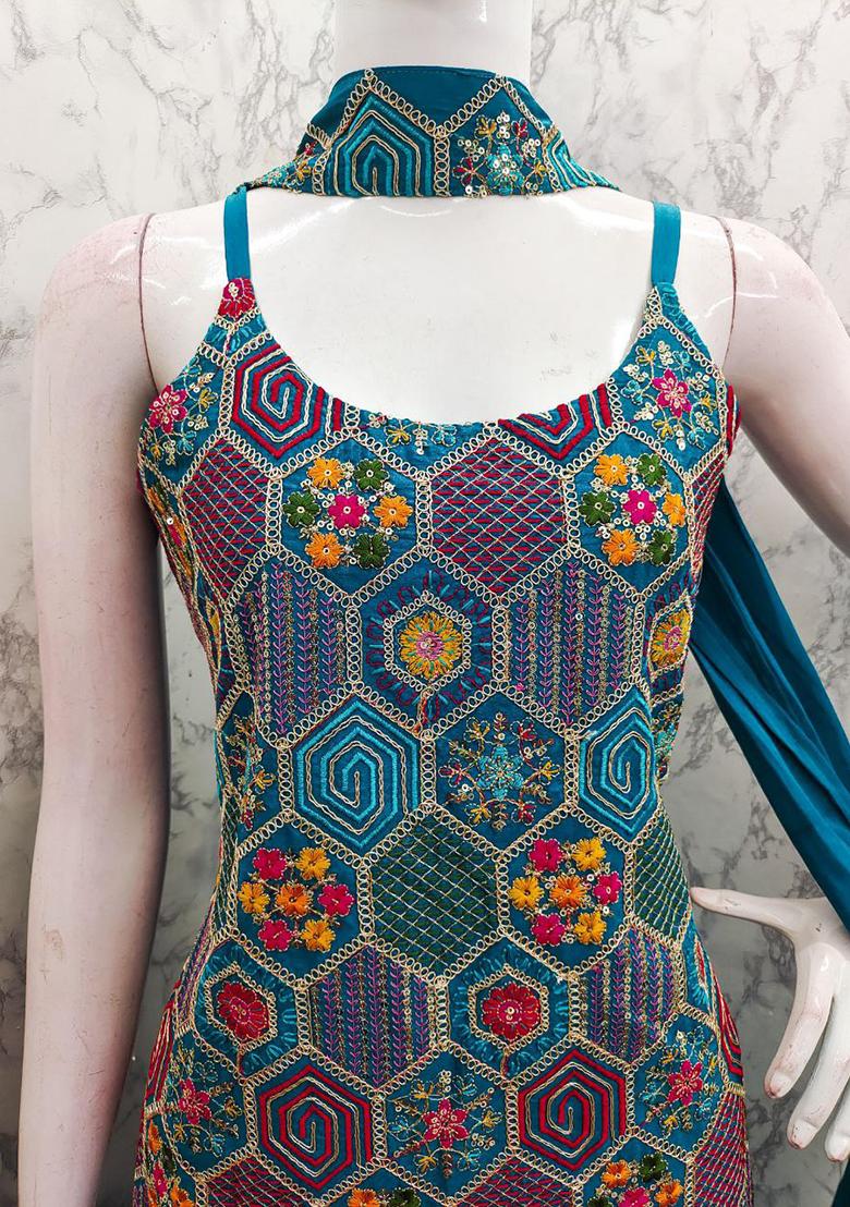 Blue Embroidery Chinon Kurti Set - Indya