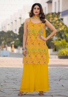 Yellow Embroidery Chinon Kurti Set