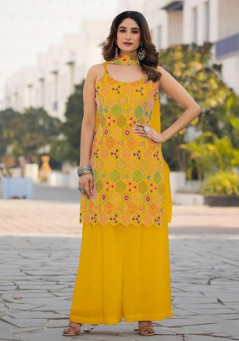 Yellow Embroidery Chinon Kurti Set