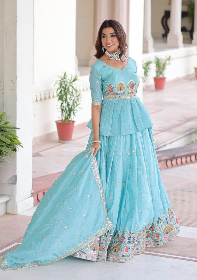 Blue Embroidery Gold Crush Kurti Set - Indya