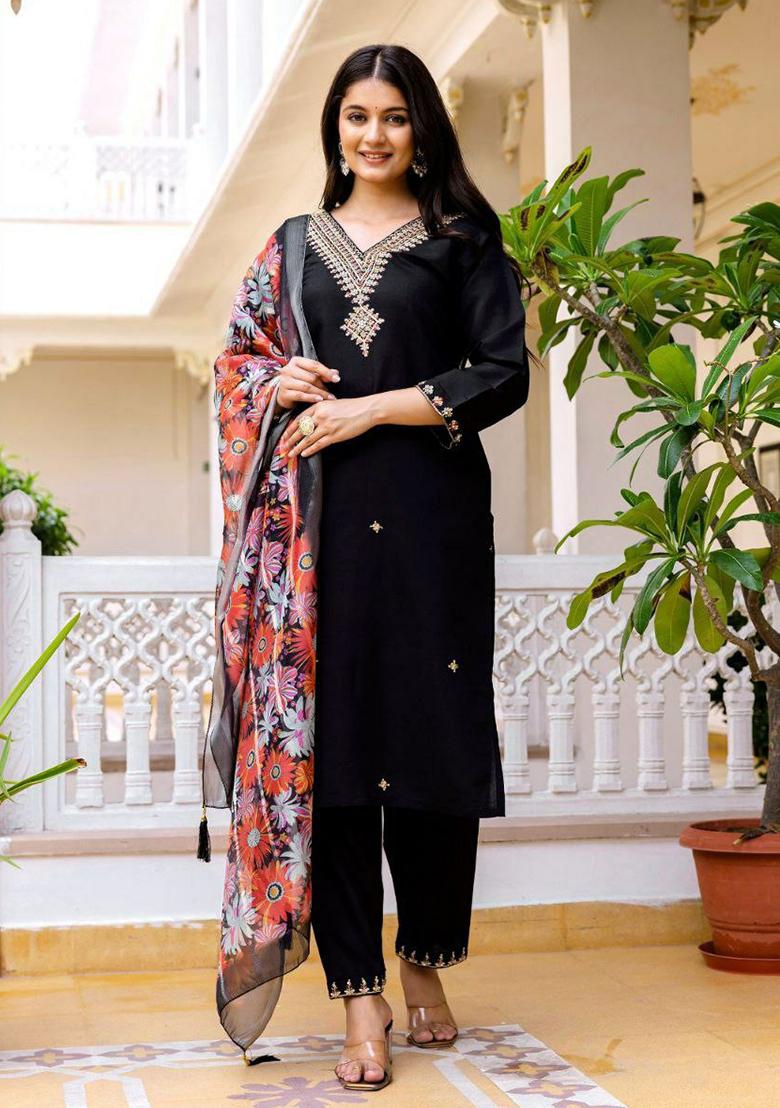 Black Embroidery Silk Kurti Set - Indya