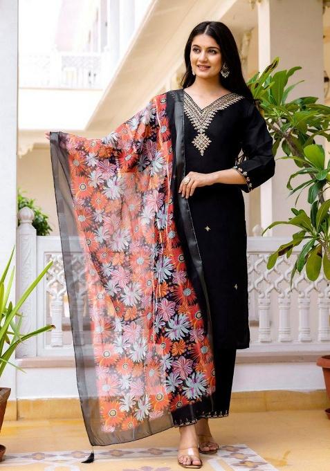 Black Embroidery Silk Kurti Set