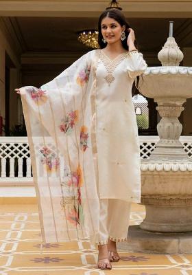 White Embroidery Silk Kurti Set