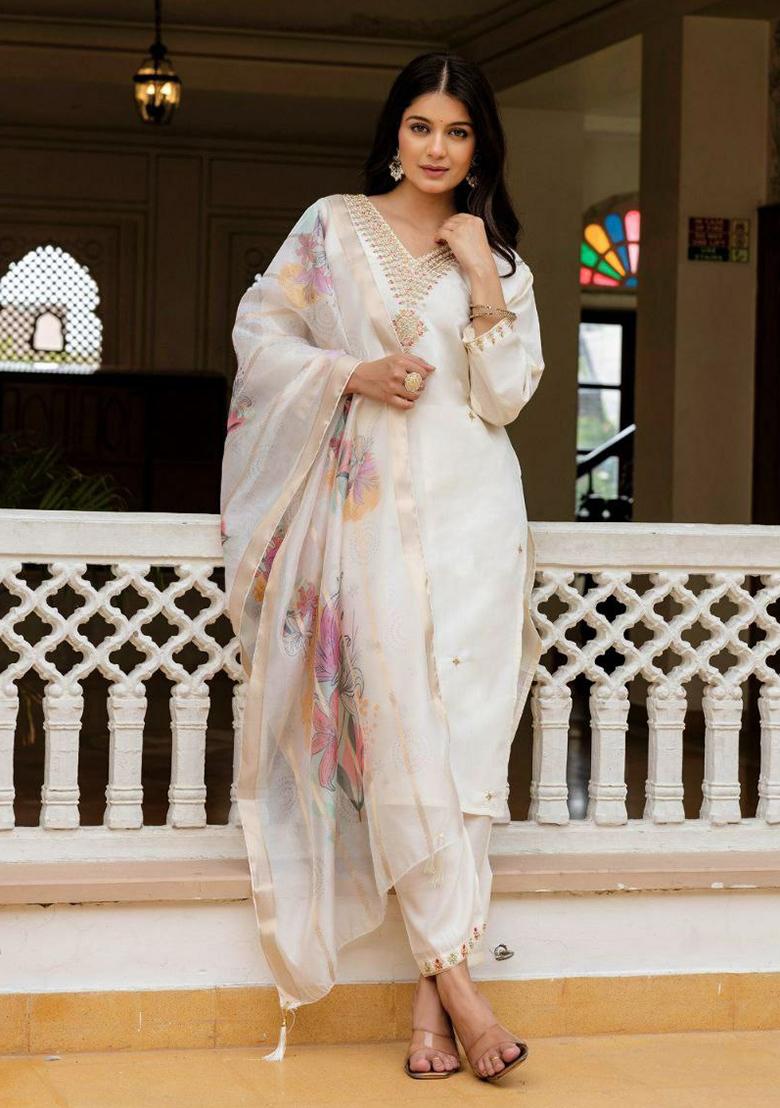 White Embroidery Silk Kurti Set - Indya