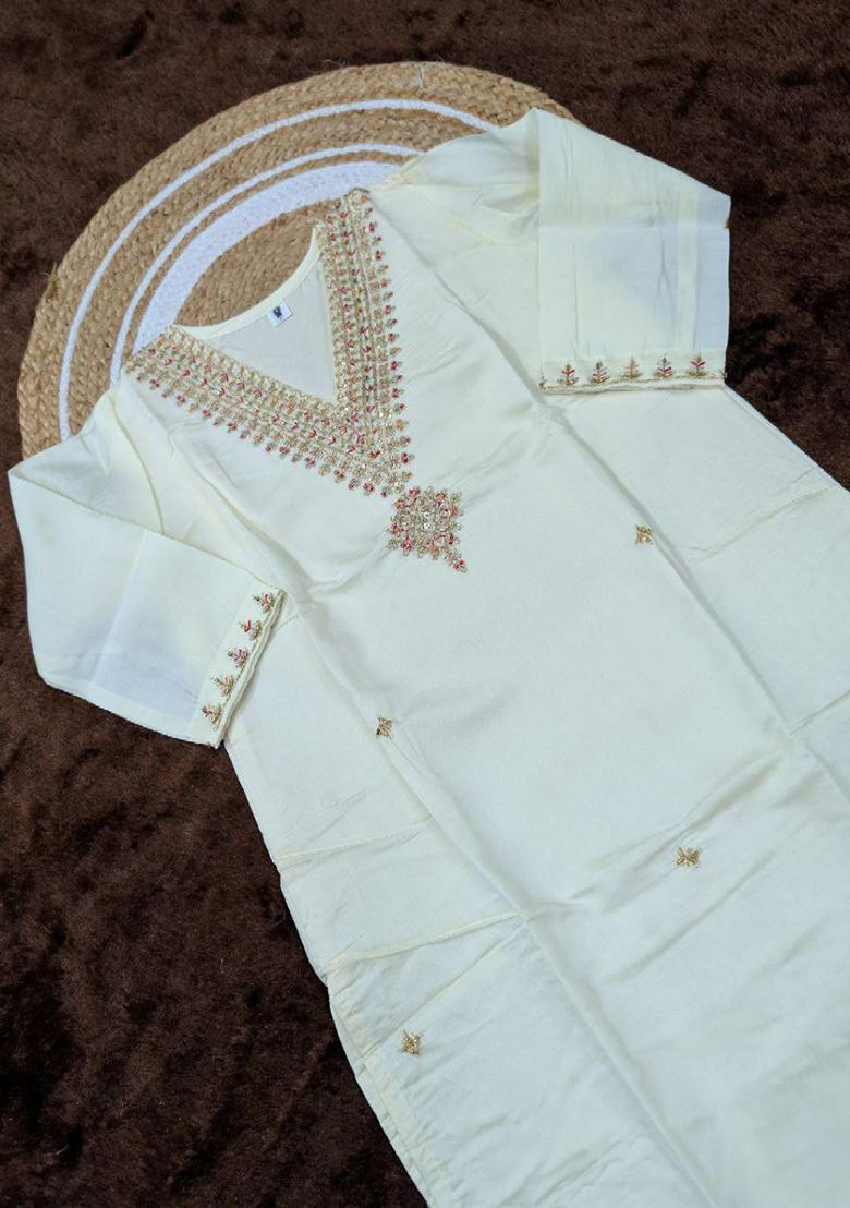 White Embroidery Silk Kurti Set - Indya