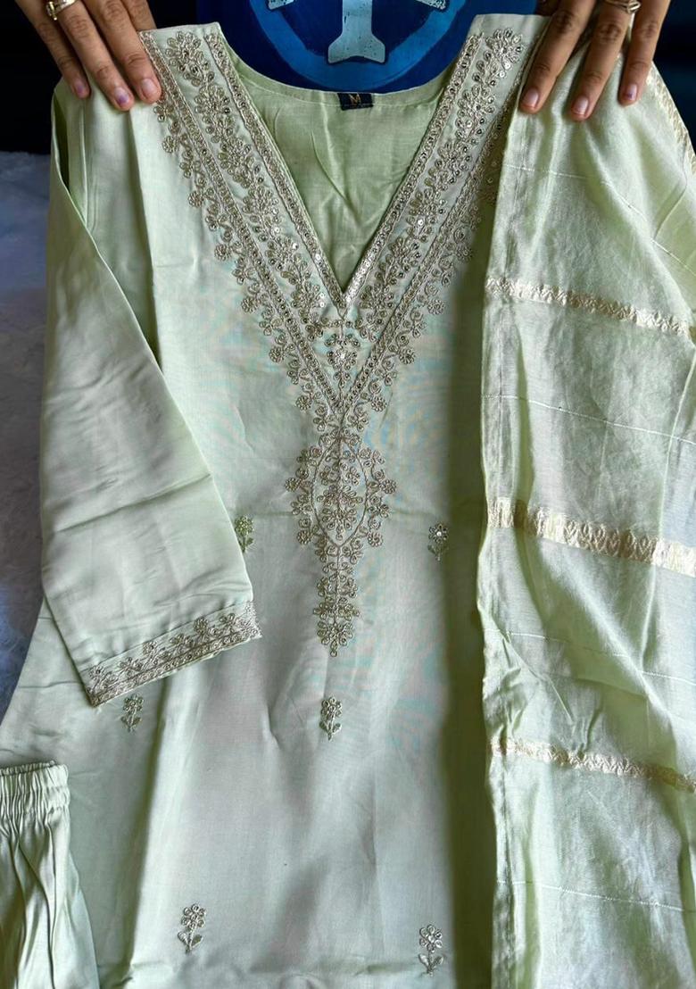 Green Embroidery Silk Kurti Set - Indya