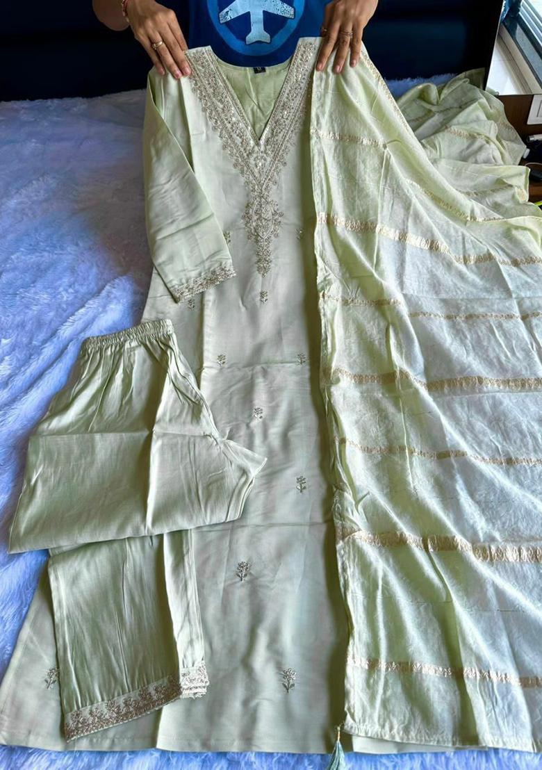 Green Embroidery Silk Kurti Set - Indya