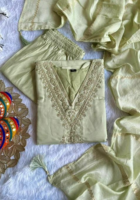 Green Embroidery Silk Kurti Set