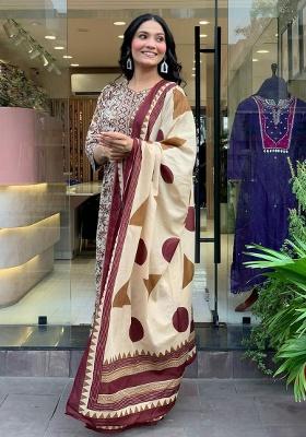 Brown Embroidery Soft Magic Cotton Kurti Set