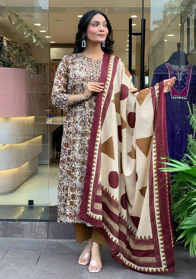 Brown Embroidery Soft Magic Cotton Kurti Set - Indya