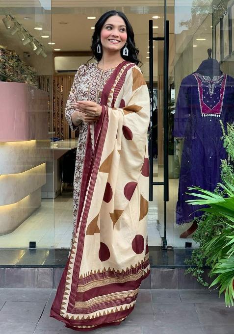 Brown Embroidery Soft Magic Cotton Kurti Set