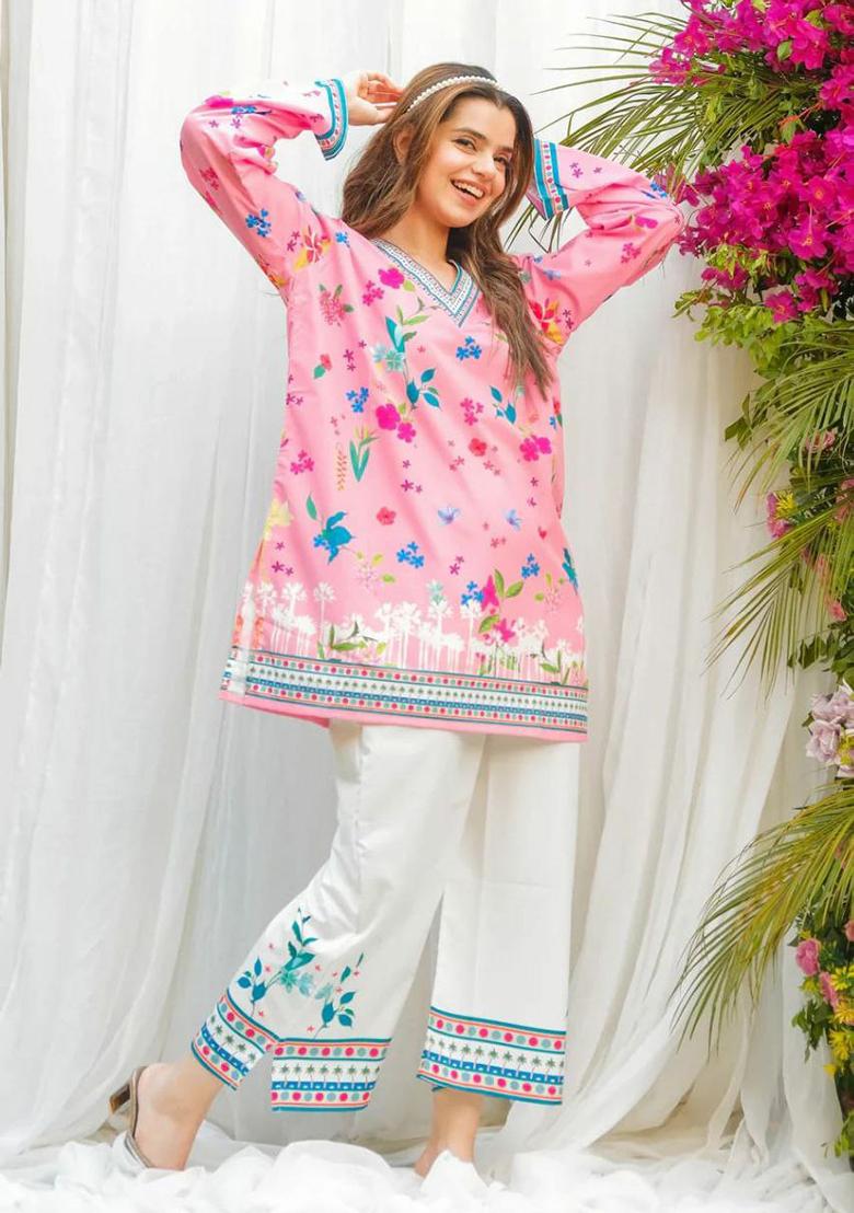 Pink Embroidery Viscose Reyon Kurti Set - Indya