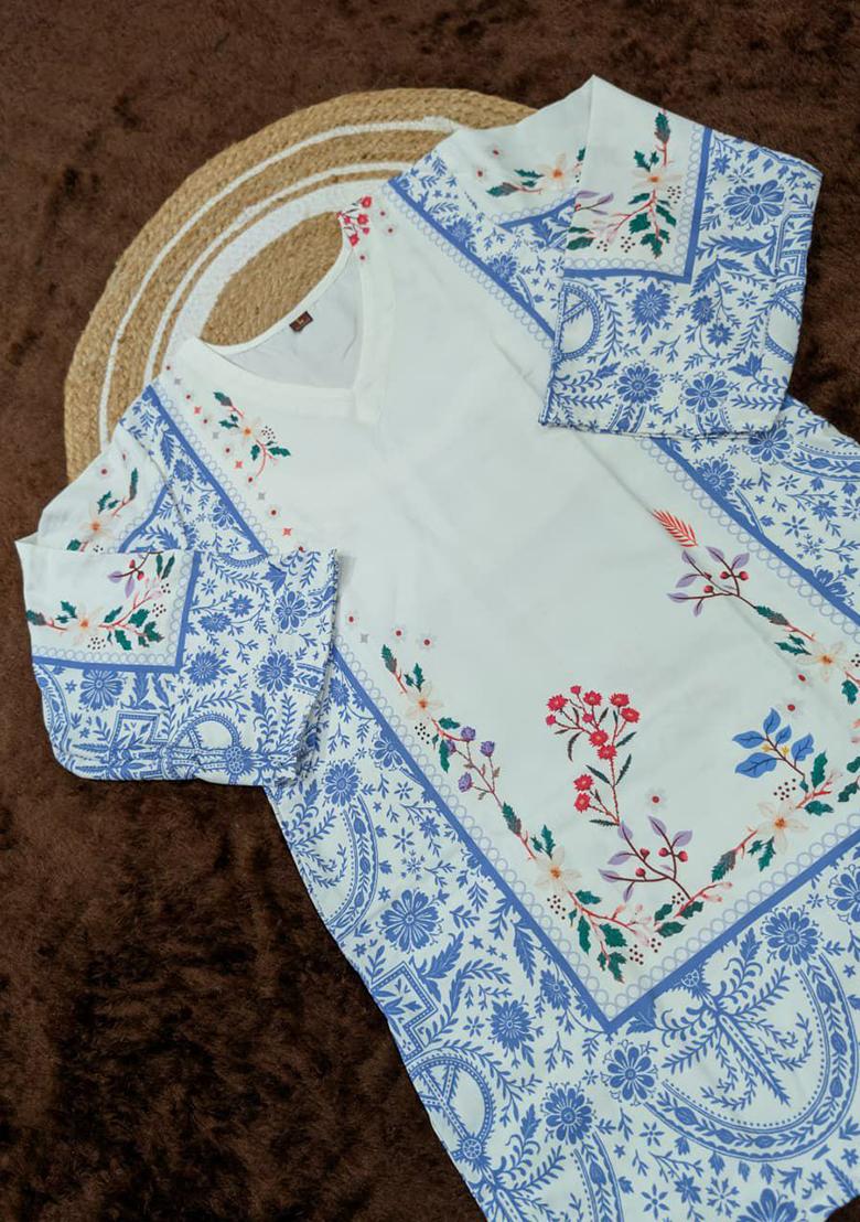 Blue Embroidery Viscose Reyon Kurti Set - Indya