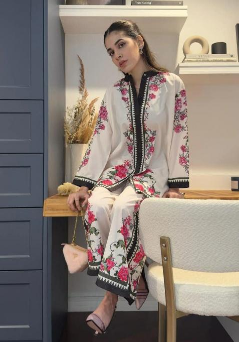 White Embroidery Viscose Reyon Kurti Set