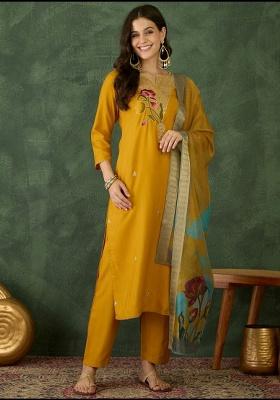 Mustard Embroidery Rayon Kurti Set