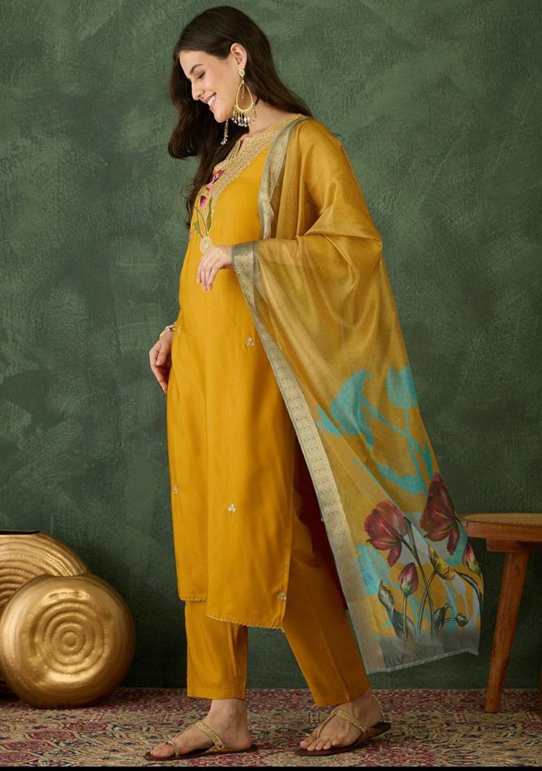 Mustard Embroidery Rayon Kurti Set - Indya