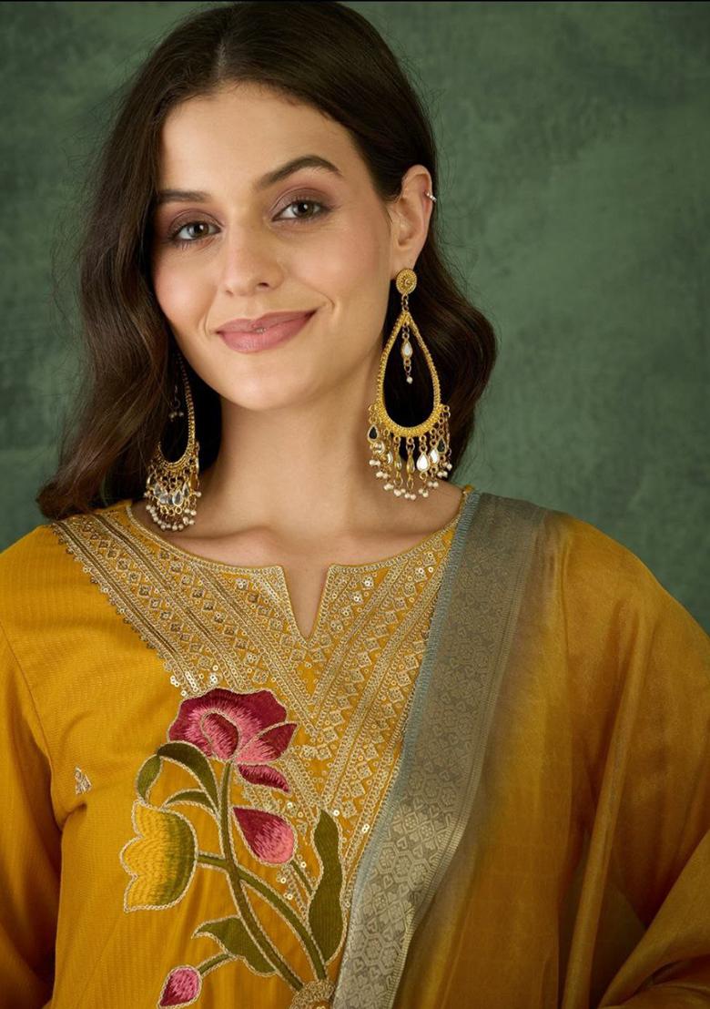Mustard Embroidery Rayon Kurti Set - Indya