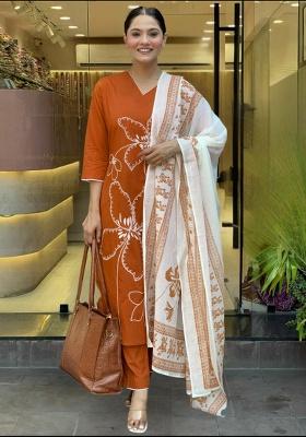 Orange Embroidery Rayon Kurti Set