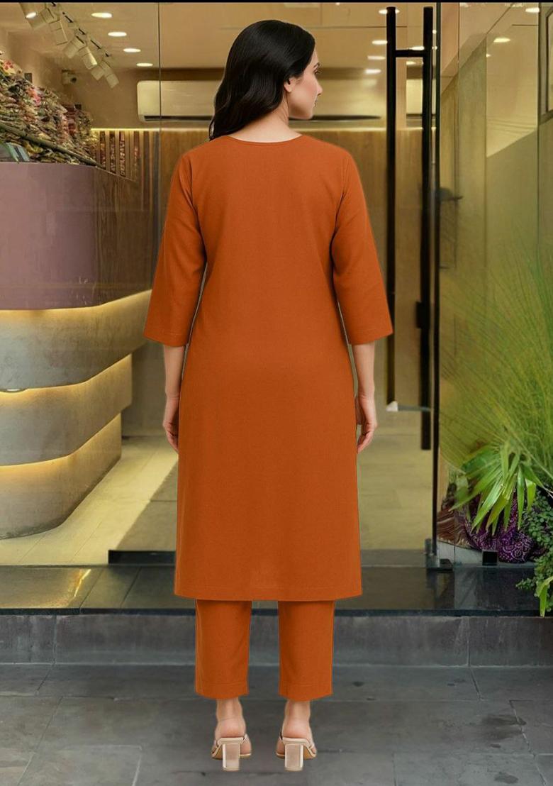 Orange Embroidery Rayon Kurti Set - Indya