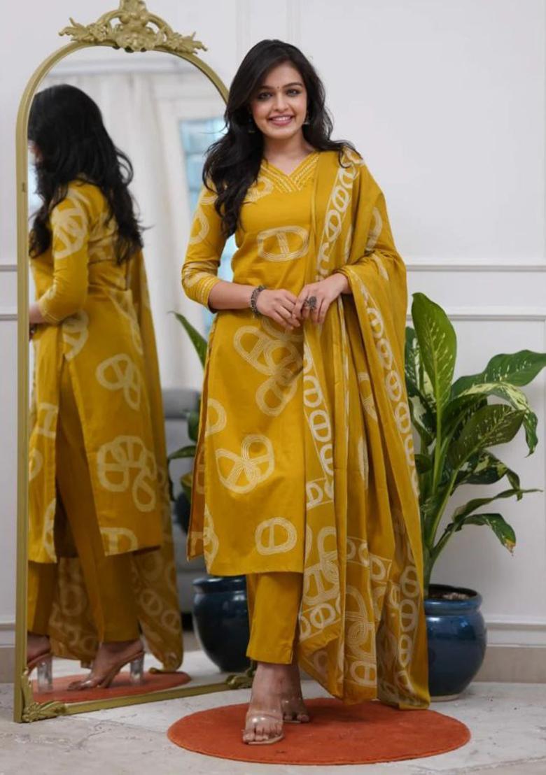 Yellow Embroidery Viscose Chanderi Kurti Set - Indya