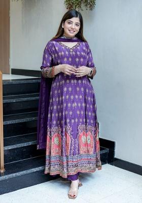 Purple Embroidery Chinon Kurti Set