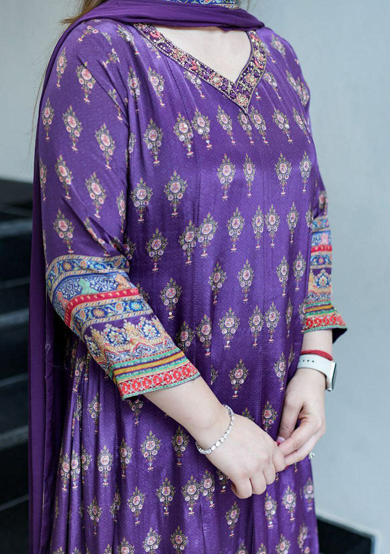 Purple Embroidery Chinon Kurti Set - Indya