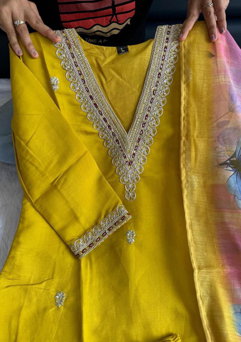 Yellow Embroidery Silk Kurti Set - Indya