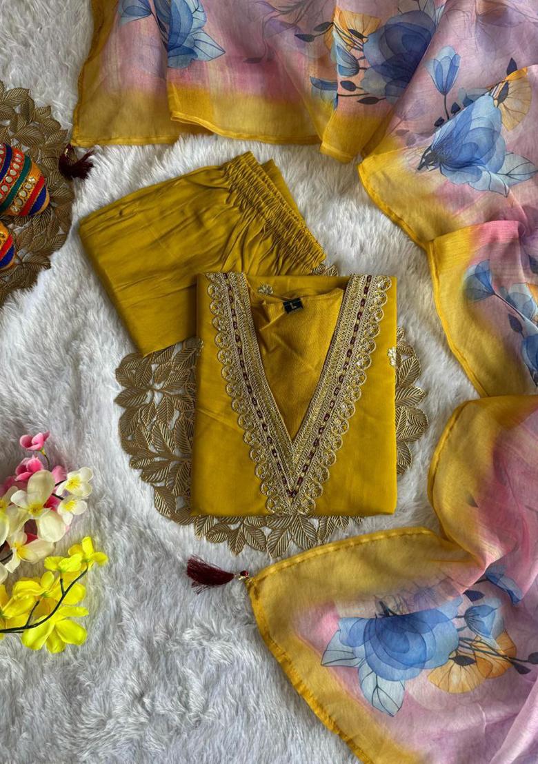 Yellow Embroidery Silk Kurti Set - Indya