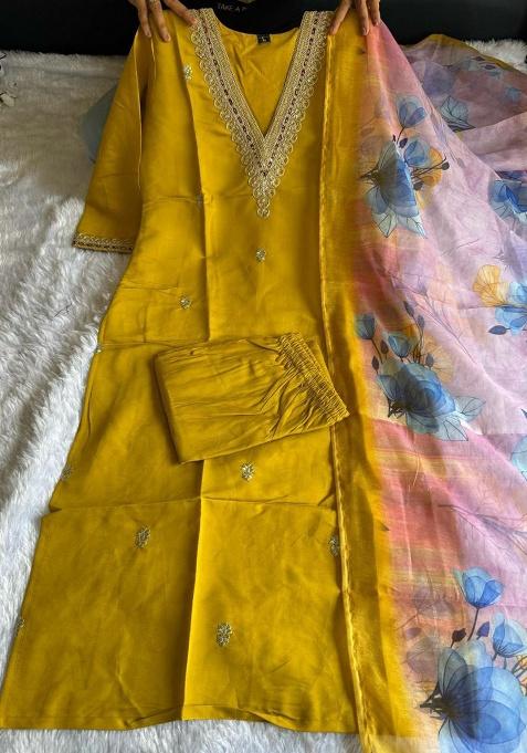 Yellow Embroidery Silk Kurti Set