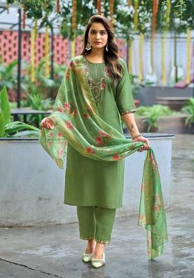 Green Embroidery Silk Kurti Set