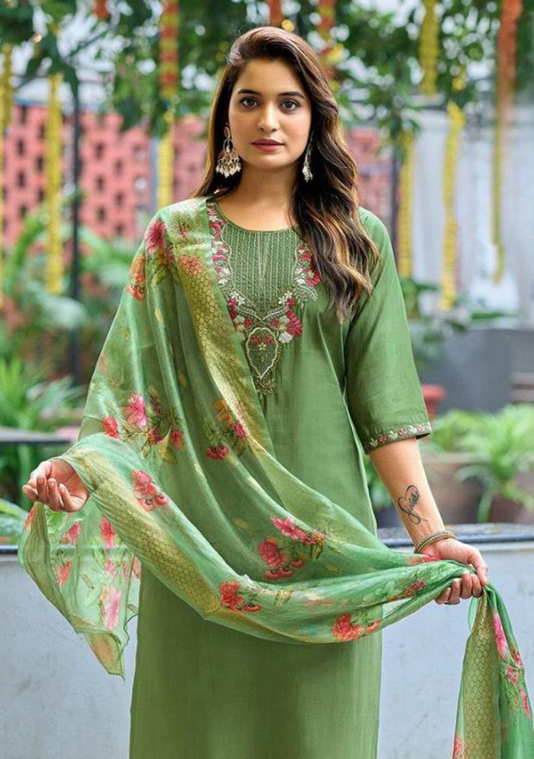 Green Embroidery Silk Kurti Set - Indya