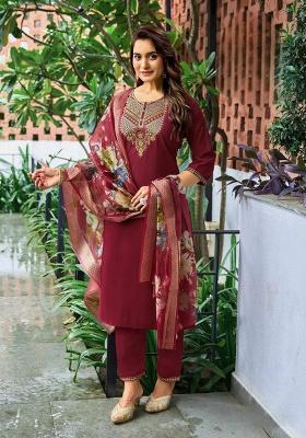 Maroon Embroidery Silk Kurti Set