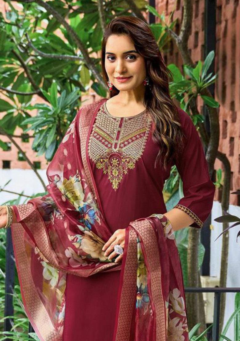 Maroon Embroidery Silk Kurti Set - Indya