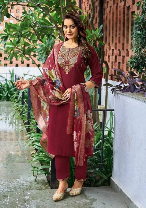 Maroon Embroidery Silk Kurti Set