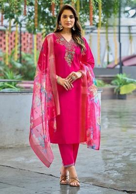 Pink Embroidery Silk Kurti Set